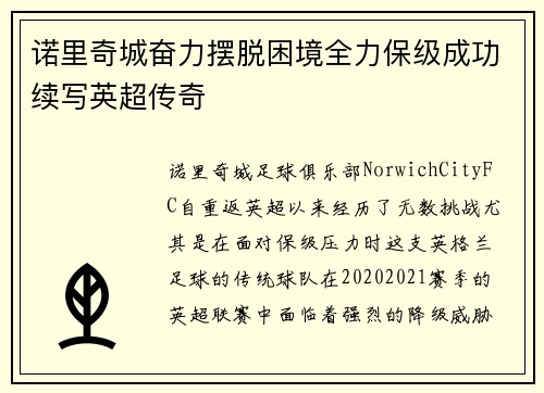 诺里奇城奋力摆脱困境全力保级成功续写英超传奇