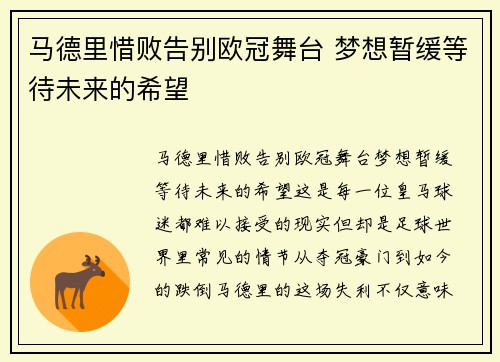 马德里惜败告别欧冠舞台 梦想暂缓等待未来的希望